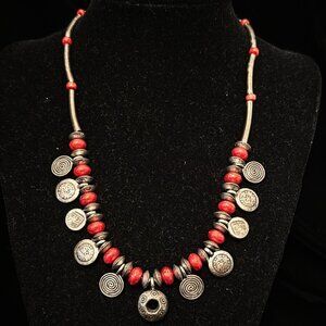 Chico's Abstract Bohemian Pendant Necklace Choker Silver Tone Red Beads Ethnic